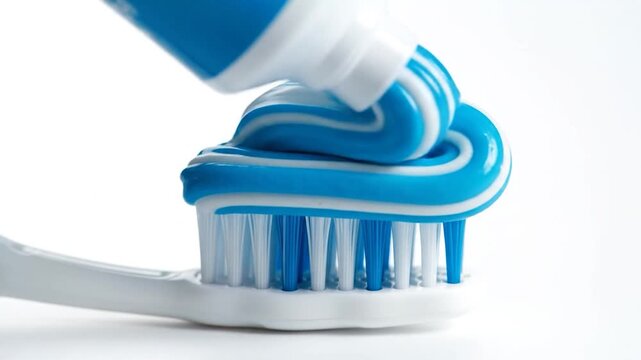 Fresh blue and white striped toothpaste being squeezed onto a clean toothbrush.