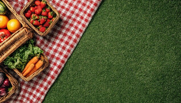 Fresh produce in woven baskets arranged on a checkered cloth on grass