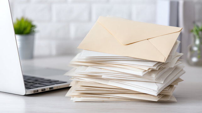 A modern workspace displaying a stack of envelopes and letters next to a laptop, perfect for themes of organization and communication.