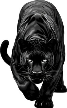 Fierce black panther stalks forward menacingly with glowing white eyes.