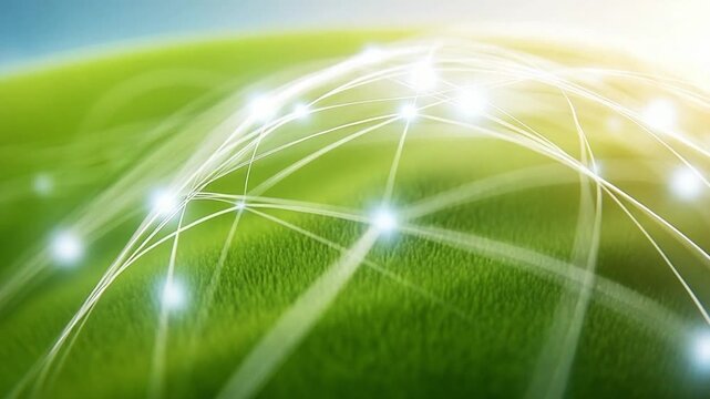 Connecting Networks: A radiant digital web illuminates the landscape, signifying the power of interconnectedness and technology across a green field.