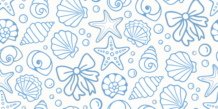 A seamless pattern of blue seashells starfish and marine life doodles