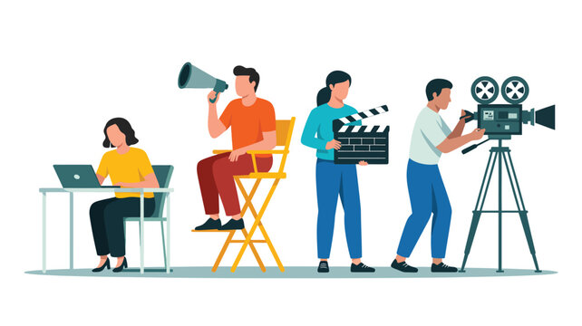 film production team vector illustration with director cameraman editor and video creator in movie making process