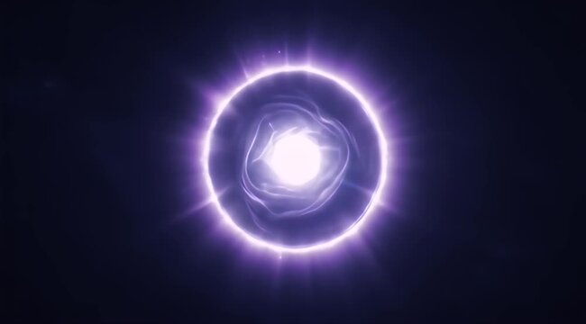 A vivid purple glowing energy sphere with a bright white center against dark cosmos