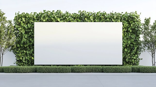 Large white billboard surrounded by green leafy plants and small trees on gray sidewalk  outdoor advertising space