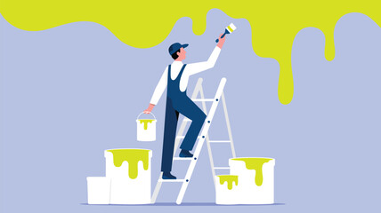 house painter decorating wall vector illustration with ladder paint buckets and home renovation improvement concept © Mushtaq