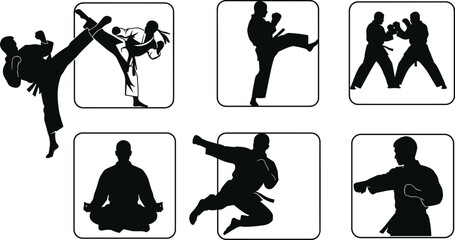 Set of martial arts silhouettes with karate fighters performing kicks, punches, sparring combat and meditation pose icons for sports training design © uzzala