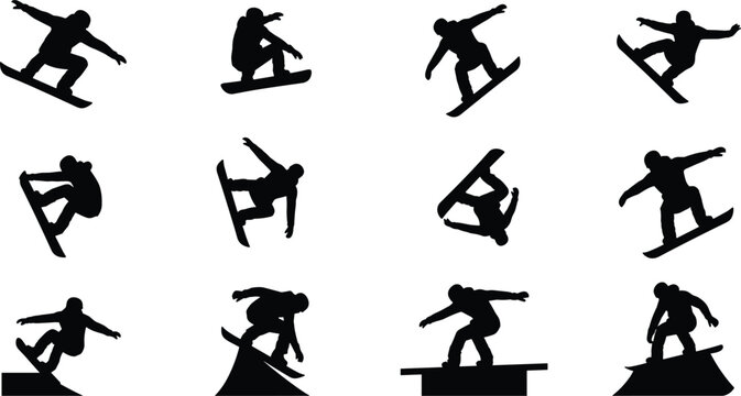 Snowboarder silhouettes performing freestyle tricks, jumps, grabs, and slides on ramps, showcasing winter sports motion, athletic stunts, and recreational snowboarding concepts for design and analysis