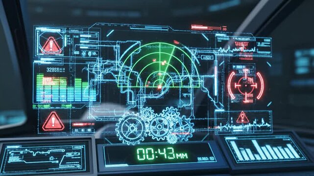 Futuristic Cockpit Dashboard with Radar, Graphs, and Digital Clock