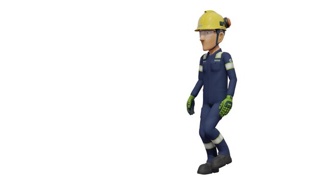 Isolated industrial worker is walking on white background