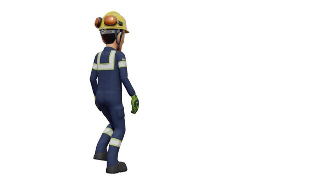 Isolated industrial worker is walking on white background