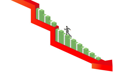 Fototapeta premium Isometric 3D Businessman Running Up Money Stairs Against Red Falling Arrow Graph, Financial Crisis Management, Bear Market Investment Strategy, Loss Prevention and Economic Recovery