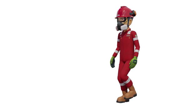 Isolated industrial worker is walking on white background