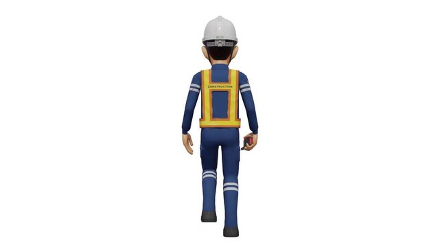 Isolated industrial worker is walking on white background