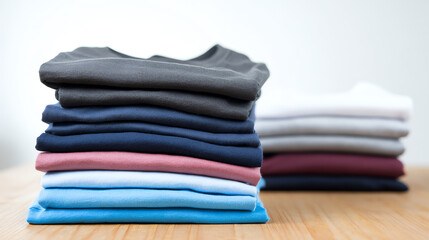 A stylish stack of folded t-shirts in various colors, neatly organized on a wooden surface, showcasing casual fashion and organization.