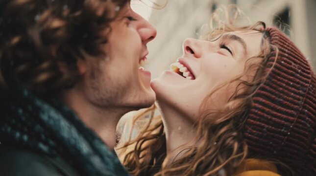 Romantisches Winterpaar in Nahaufnahme, gemeinsam lachend auf einer Stadtstra&szlig;e bei sanftem Schneefall