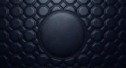 Fototapeta premium Luxury black leather texture background with embossed hexagonal and octagonal pattern and central circular frame for copy space
