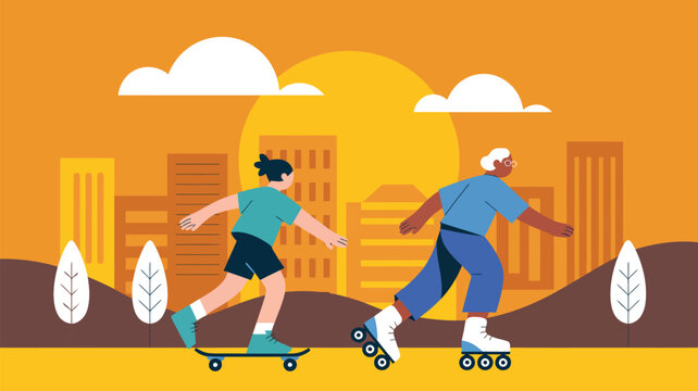 people roller skating together in urban park flat vector illustration active lifestyle outdoor recreation and fitness