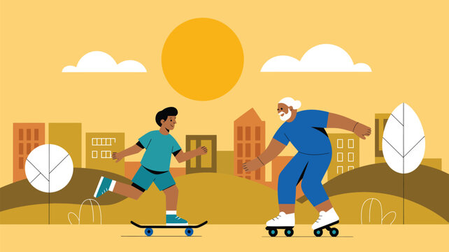 happy people roller skating in city park flat vector illustration outdoor recreation active lifestyle and friendship