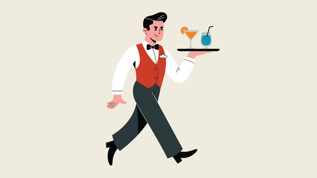 professional waiter carrying serving tray with drinks flat vector illustration hospitality restaurant service worker