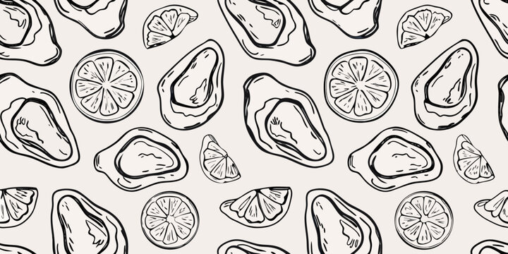 Seamless pattern of hand drawn orange slices and oyster shells