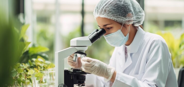 The scientist examines plant samples under a microscope in a bright modern laboratory