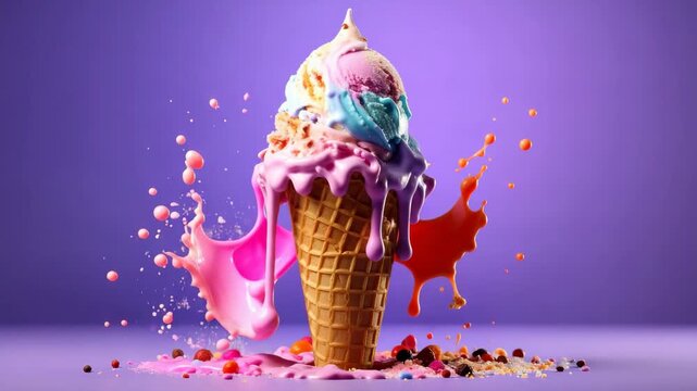 Multi-colored ice cream cone with melting pink and orange splashes against purple background