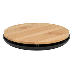 Round wooden spinning tray on a black base for kitchen food serving