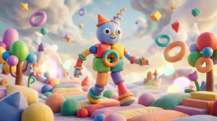Obraz premium Colorful Robot Toy in a Whimsical Dreamscape with Floating Shapes.