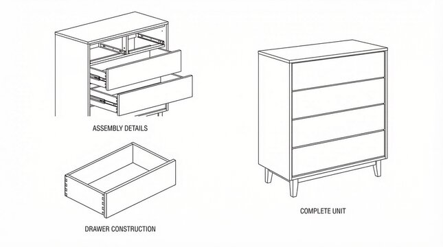 "Technical blueprint of wooden dresser with drawers, dovetail construction detail, and completed unit"