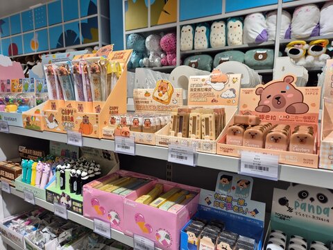 Vilnius Lithuania - 11.02.2026 colorful display of cute animal-themed stationery items including erasers, pens and sharpeners featuring capybaras, pandas and bears on store shelves