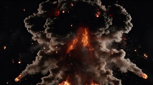 Intense fiery explosion with smoke and scattered embers against a dark background