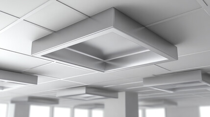 Obraz premium Modern ceiling design featuring sleek square panels and integrated lighting in a spacious indoor environment.