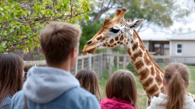 People watching a giraffe at a zoo during the daytime with trees and buildings in the background