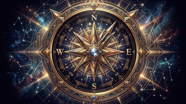 Intricate Golden Compass Rose with Celestial Background.