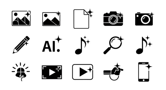 Collection of diverse black and white UI icons for design projects and media assets.