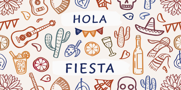 Colorful illustration of mexican themed elements and the words hola fiesta