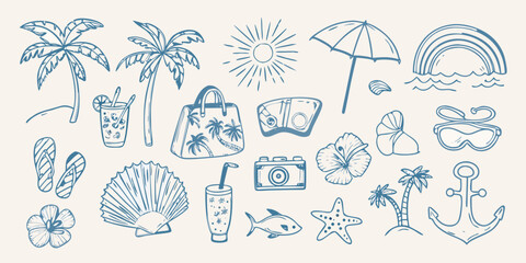 A collection of hand drawn summer and beach themed illustrations © ShibuProsad