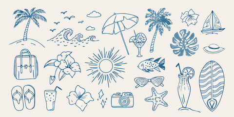 A collection of hand drawn summer and tropical vacation themed illustrations © ShibuProsad