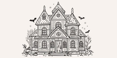 Obraz premium Detailed sketch of a spooky haunted house with bats and pumpkins