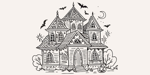 Fototapeta premium A spooky hand drawn haunted house illustration with bats and a crescent moon