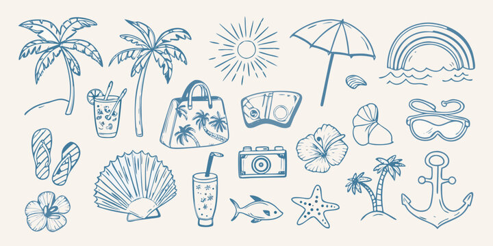 A collection of hand drawn summer and beach themed illustrations