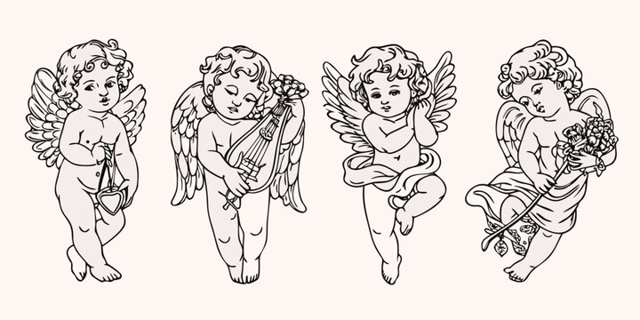 Four vintage cherubic angels with wings and floral elements in a sketch