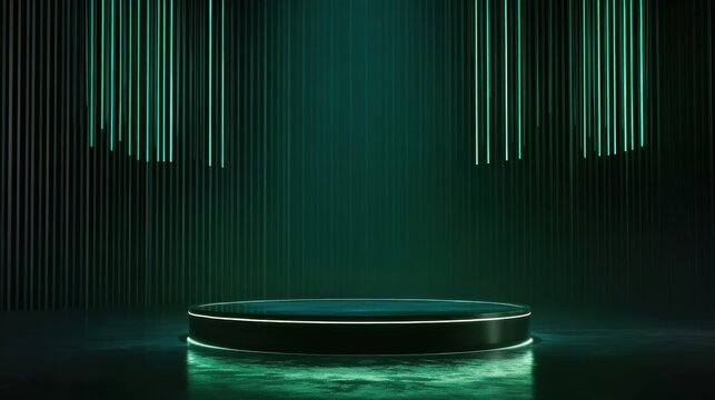 A sleek black podium set against a deep emerald green background illuminated by a focused spotlight, creating a luxurious and mysterious ambiance for exclusive product presentations.