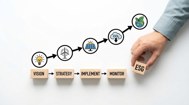 ESG concept: Hand placing block with vision, strategy, implementation, monitoring, and sustainability.