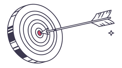 Arrow Hitting the Center of an Archery Target, Line art illustration of an arrow hitting the exact center bullseye of an archery target from a 3/4 angle.