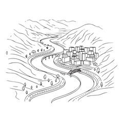 Obraz premium Mountain Village Landscape Line Art Illustration