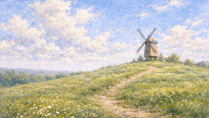 花咲く草原の丘に立つ風車と青空の田園風景イラスト