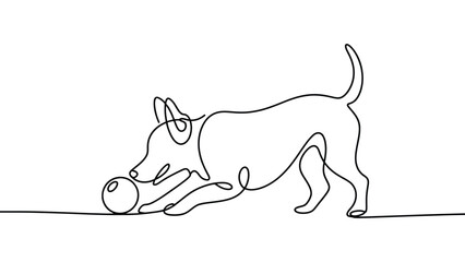 minimalist continuous line drawing of playful dog with ball pet animal activity concept simple outline vector illustration isolated