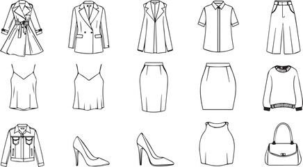 Fototapeta premium Fashion Wardrobe Vector Icon Set – Jackets, Dresses and Handbags
